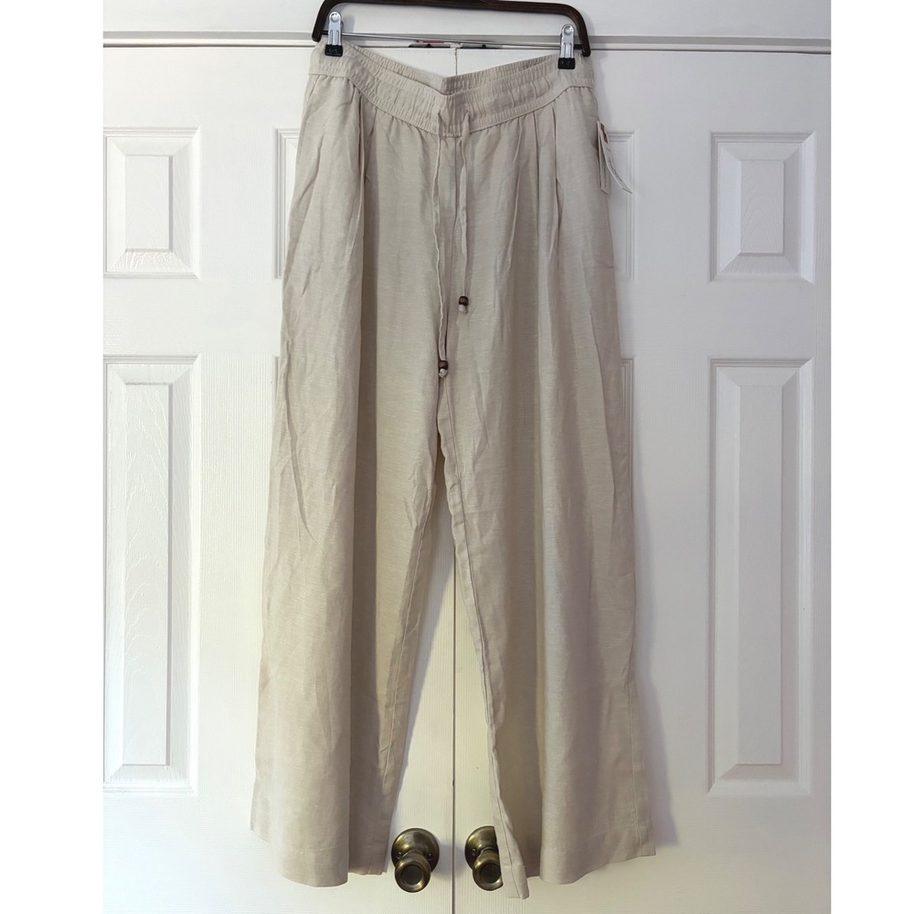 Land 'n Sea Womens Tan Linen Blend Wide Leg Drawstring Pants Large NWT